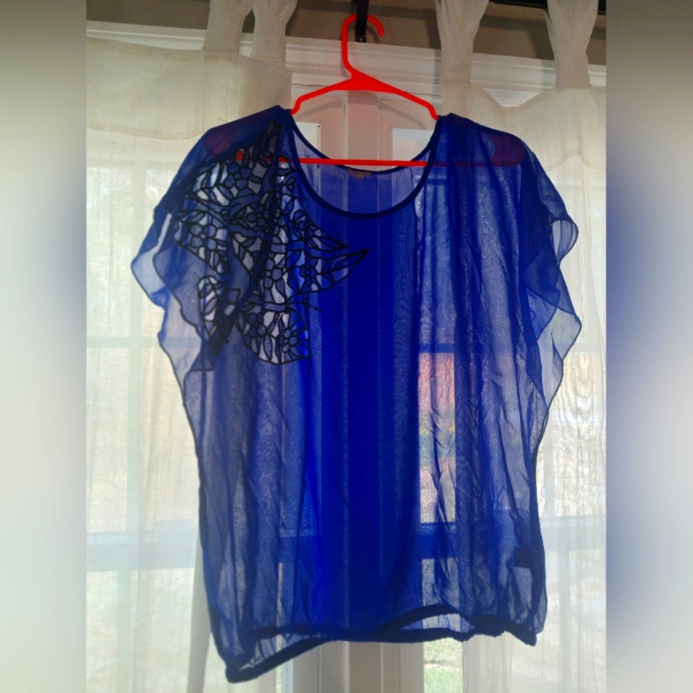 Blue Sheer Top with Black Lace Detail